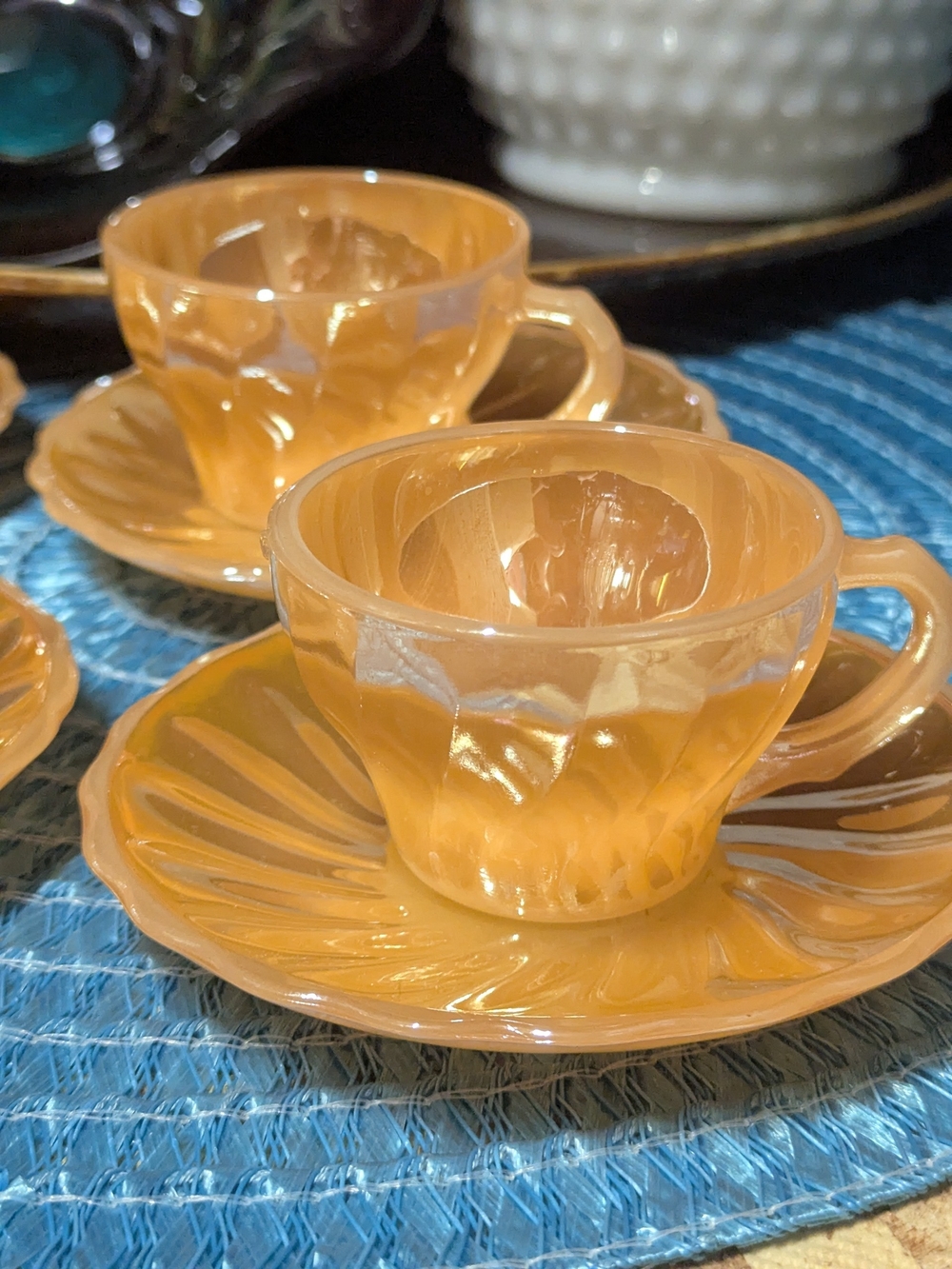 Vintage Peach Luster Glass Cup and Saucer Set - Vibrant Orange Home Dining